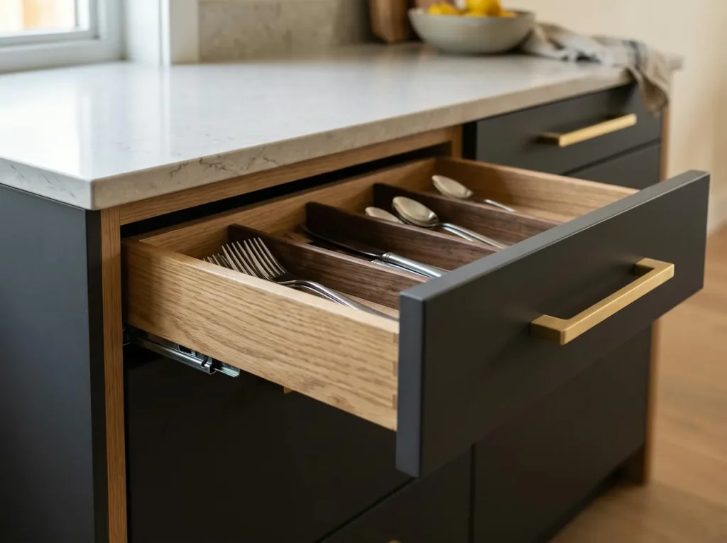 Completed kitchen cabinets with drawer detail