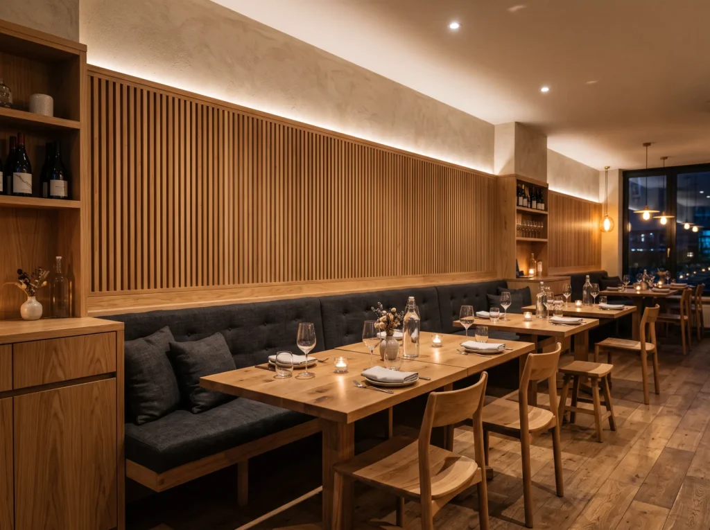 Restaurant banquette seating and counters